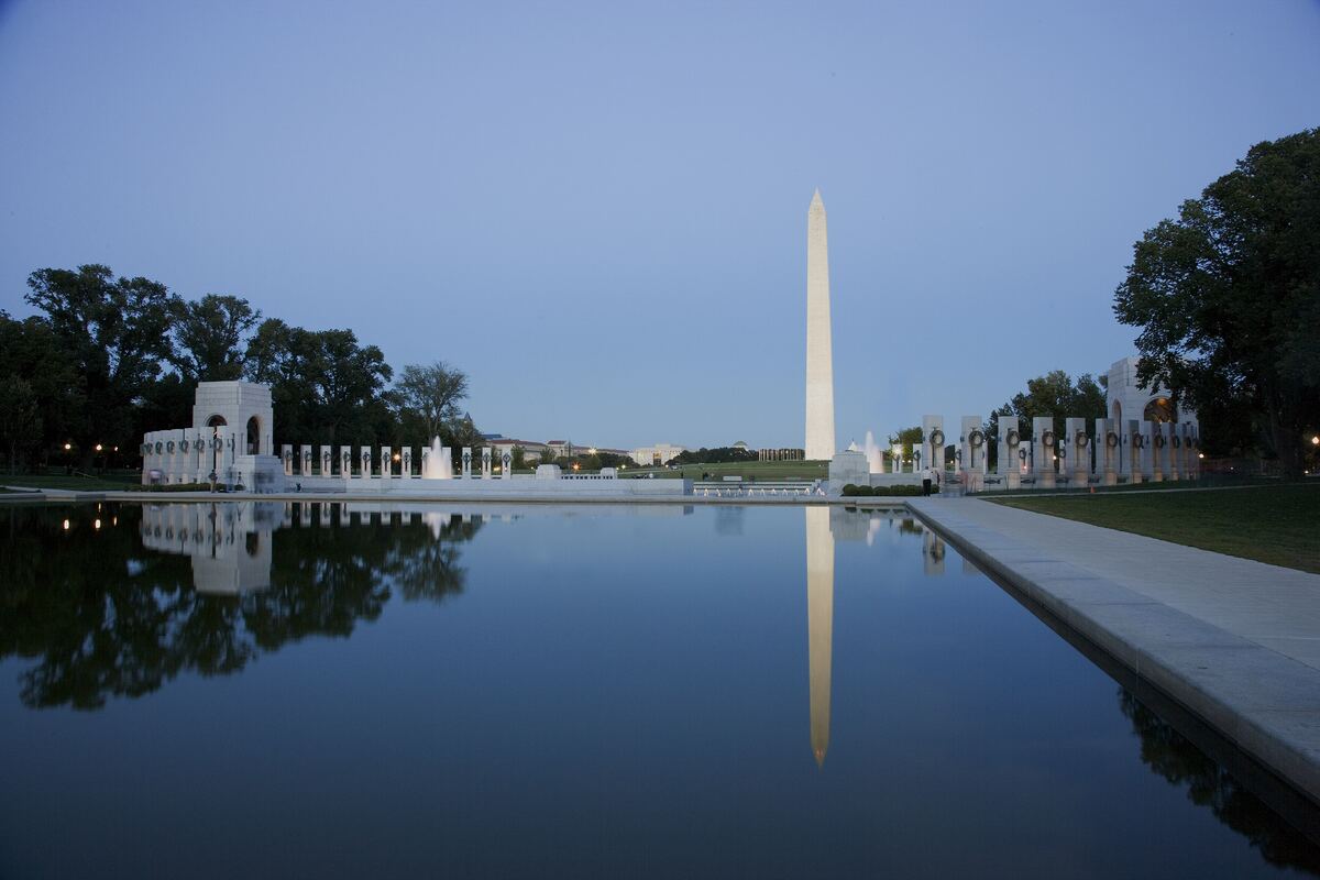 The Washington Monument reflected in the Reflecting Pool at dusk
